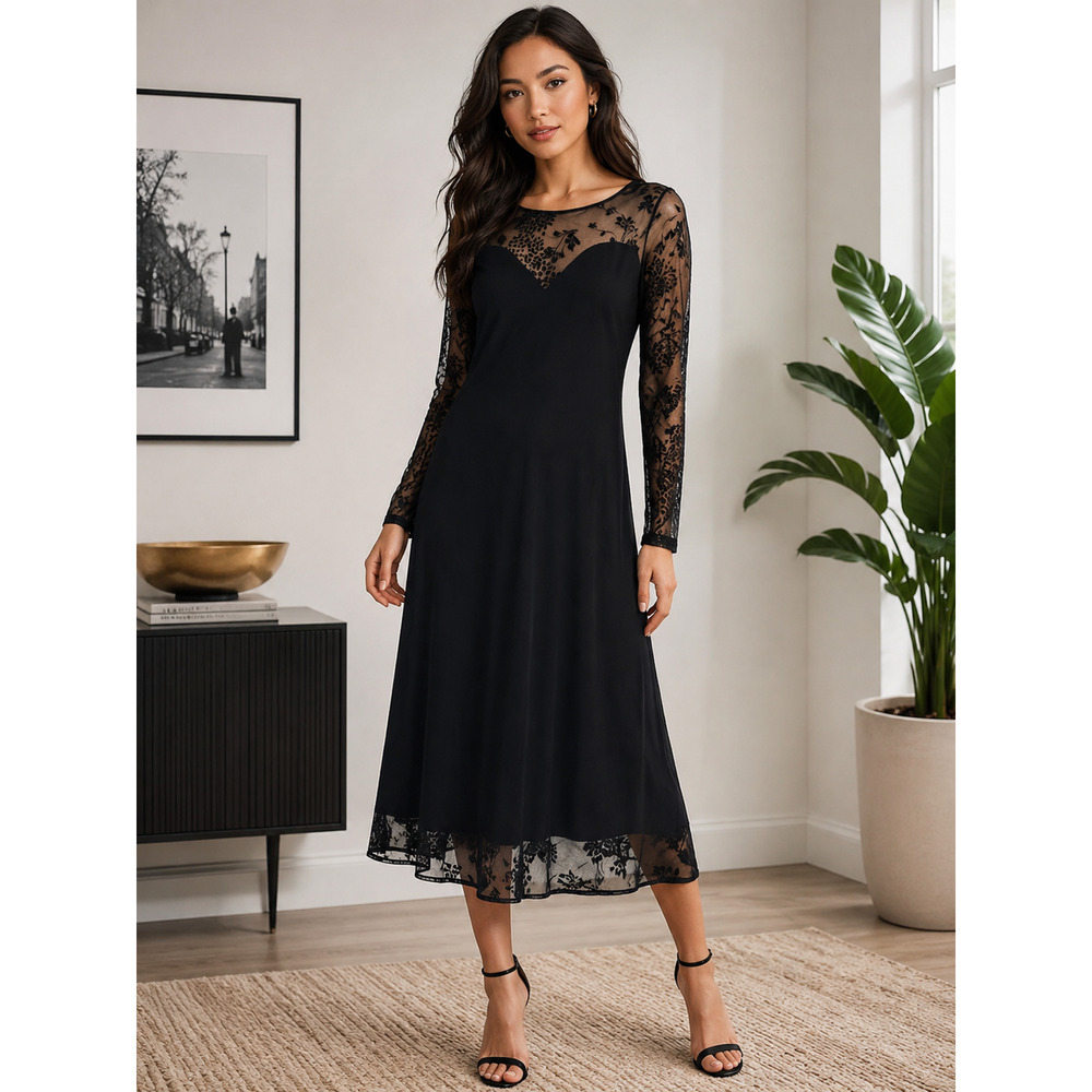 Sympli Black Sheer Mesh Lace Sleeve Midi Dress Elegant Gothic Cocktail Party 12